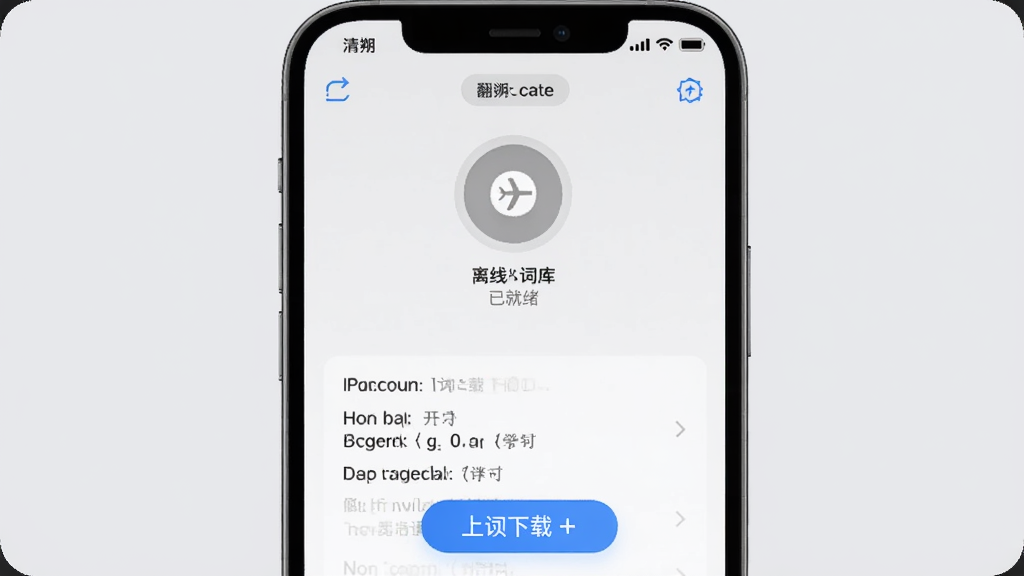 清朔文译翻译离线翻译功能示意图,画面中一部手机处于飞行模式图标显示状态,屏幕显示离线词库已就绪,下方有常用短语翻译结果,背景为浅灰色,风格为科技简约,细节包括离线标识、语言包下载按钮,画质高清,干净,无多余元素