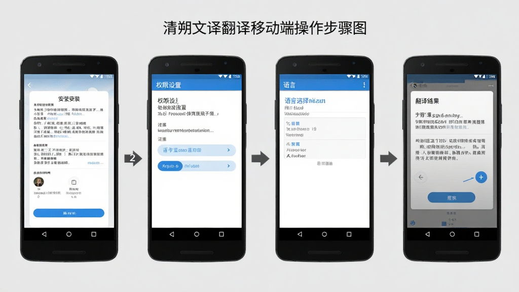 清朔文译翻译移动端操作步骤图,画面中一部安卓手机展示从安装到翻译的四个步骤截图,分别为安装界面、权限设置界面、语言选择界面和翻译结果界面,采用横向排列,背景为浅灰色,风格为教程图解,细节包括步骤编号和箭头指示,画质高清,干净,无多余元素