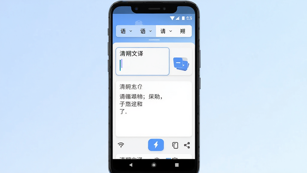 清朔文译翻译软件主界面展示图,画面中央是一部安卓手机,手机屏幕上显示清朔文译翻译的翻译输入框与译文输出区域,上方有语言选择栏,整体布局简洁清晰,背景为淡蓝色渐变,风格为现代扁平化UI设计,细节包括输入光标、翻译按钮、复制与分享图标,画质高清,干净,无多余元素