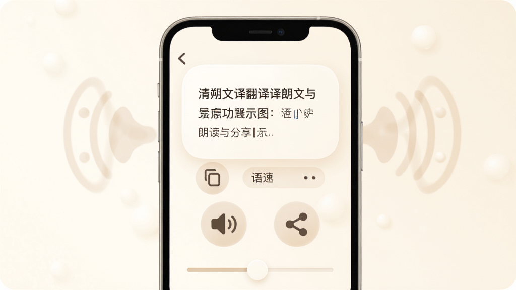 清朔文译翻译译文朗读与分享功能展示图,画面中一部手机屏幕显示翻译结果,下方有喇叭图标和分享图标,周围有声音波纹示意朗读功能,背景为暖白色,风格为柔和圆角设计,细节包括复制按钮、语速调节滑块,画质高清,干净,无多余元素