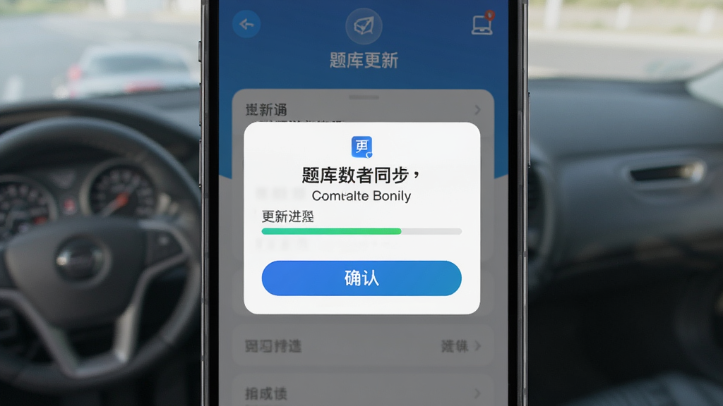 驾校考试通 题库更新界面 手机屏幕显示版本更新提示与题库数据同步 主体为手机应用弹窗 布局居中 排版简洁 风格科技感 细节包含更新进度条与确认按钮 画质清晰 干净 无多余元素