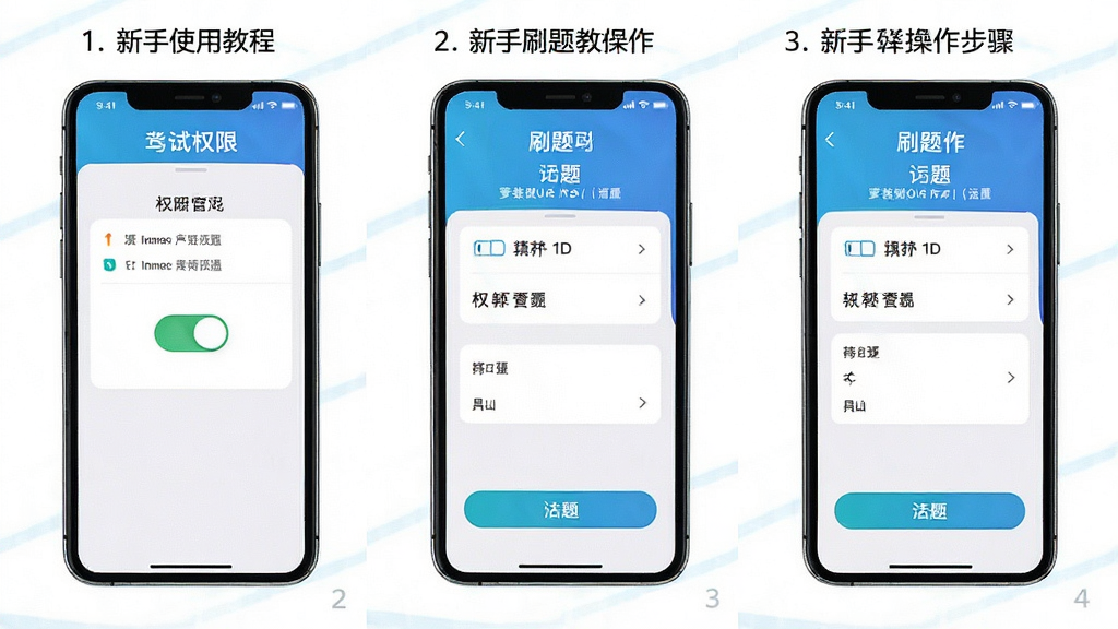 驾校考试通 新手使用教程 手机屏幕展示安装权限设置与刷题操作步骤 主体为手机操作界面 布局分步展示 风格简洁明了 细节包含权限开关与答题界面 画质清晰 干净 无多余元素