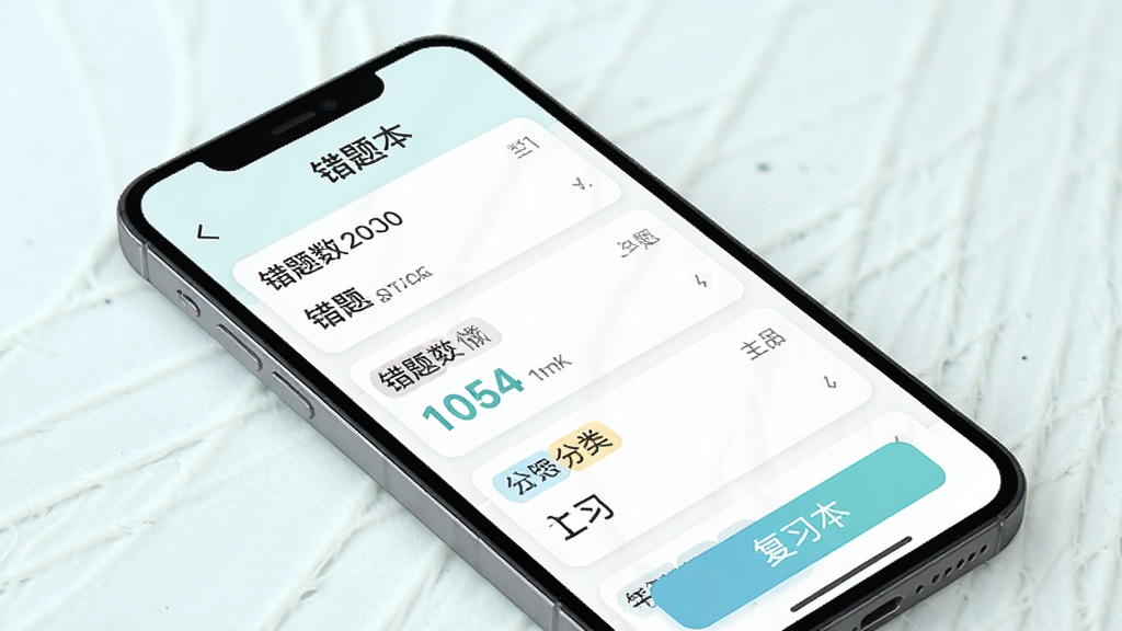 驾校考试通 错题本功能展示 手机屏幕显示错题列表与复习按钮 主体为手机应用界面 布局列表式排版 风格清新浅色 细节包含错题数量统计与分类标签 画质清晰 干净 无多余元素