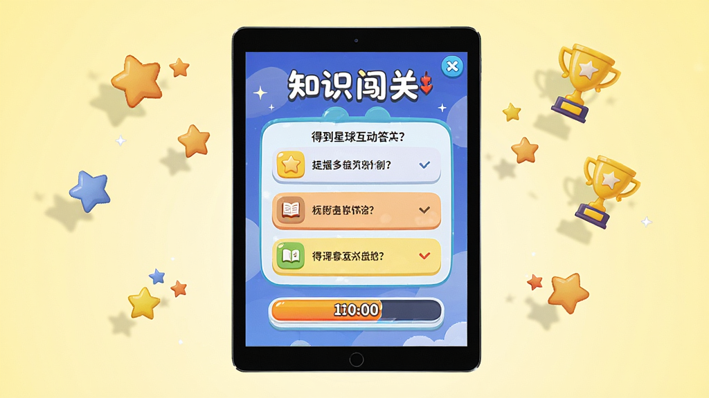 一幅展示少年得到知识星球互动答题界面的场景图,画面中一部平板电脑竖屏显示知识闯关页面,屏幕上有题目选项和倒计时进度条,界面色彩明快,周围散落着星星和奖杯图标,背景是淡黄色渐变,风格活泼有趣,画质高清,干净,无多余元素,排版以屏幕内容为中心