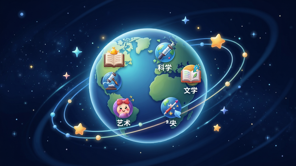 一幅展示少年得到知识星球内容体系的信息图,画面主体是一个发光的星球,星球表面分布着历史、科学、文学、艺术、数学等多个知识领域的图标,星球周围有环绕的轨道和闪烁的星星,背景是深蓝色宇宙空间,风格科技感与童趣结合,画质高清,干净,无多余元素,排版以星球为中心向四周发散,细节精致