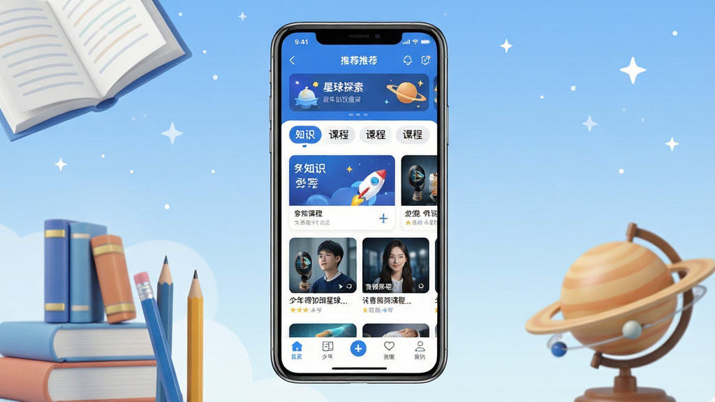 一张展示少年得到知识星球手机应用界面的场景图,画面中央是一部竖屏智能手机,手机屏幕显示少年得到知识星球APP首页推荐内容,界面以蓝色和白色为主色调,顶部有星球探索入口和课程分类标签,中部有知识卡片和音频课程封面,底部有导航栏,手机周围环绕着书本、铅笔、星球模型等学习元素,背景是浅蓝色渐变星空,风格清新简洁,画质高清,干净,无多余元素,构图以手机为主体居中展示,排版整齐有序