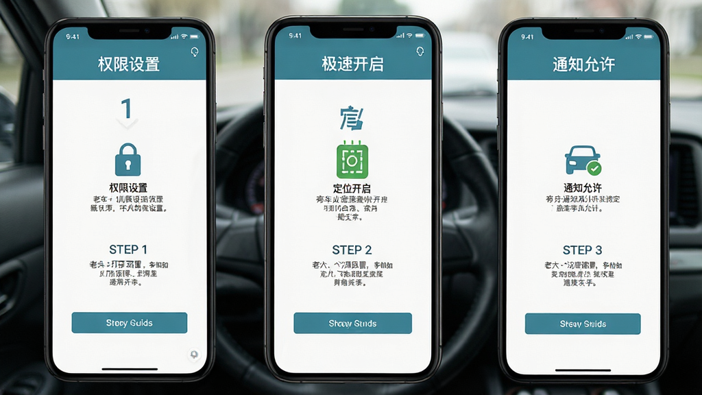 一张展示老兵打车司机端极速版新手操作引导界面的截图风格图,画面主体为手机屏幕显示步骤引导页面,包含权限设置、定位开启、通知允许等图标和文字说明,布局为竖屏手机界面,风格为扁平化引导页设计风,细节包括图标简洁、文字清晰、步骤编号明显,画质高清,干净,无多余元素。
