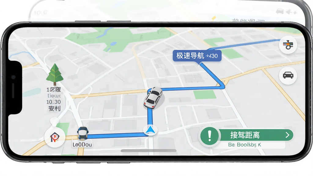 一张展示老兵打车司机端极速版智能导航接驾功能的界面图,画面主体为手机屏幕显示地图导航路线和接驾距离提示,地图上有蓝色路线和车辆图标,布局为竖屏手机全屏展示,风格为扁平化地图设计风,细节包括路线清晰、距离标签醒目、界面简洁,画质高清,干净,无多余元素。