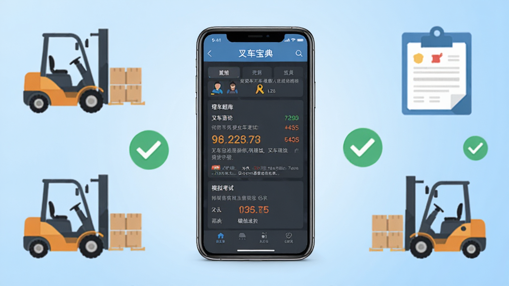 叉车宝典手机应用界面展示,画面中央放置一部智能手机,屏幕显示叉车理论题库练习界面和模拟考试分数,背景为浅蓝色渐变,周围环绕叉车图标、答题卡、对勾符号等元素,整体采用扁平化UI设计风格,排版简洁清晰,细节精致,画质高清,干净无多余元素