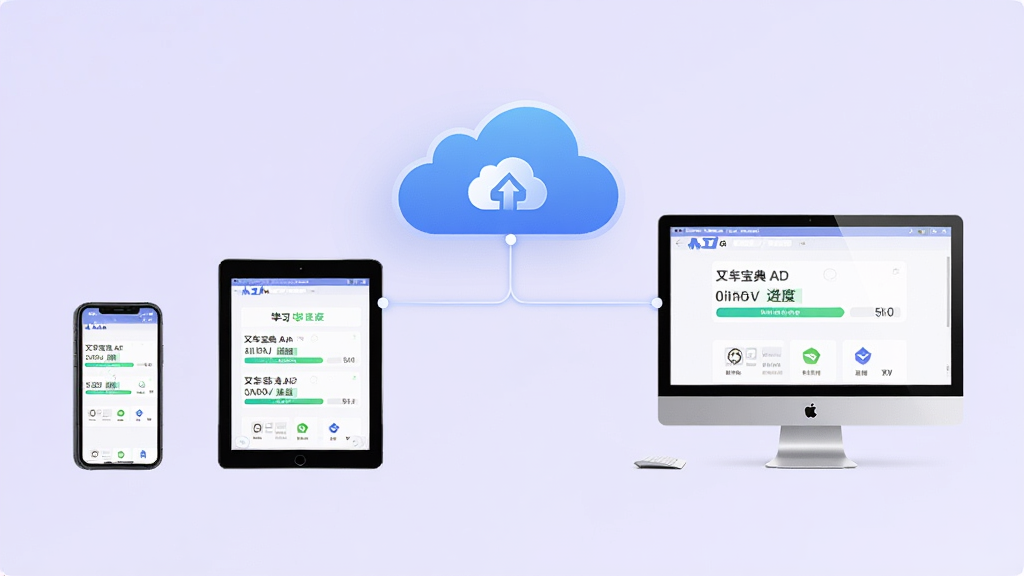 叉车宝典云端同步功能示意图,画面中央是一朵云连接三部不同设备(手机、平板、电脑),每部设备屏幕显示相同的学习进度数据,背景为浅紫色渐变,风格科技简约,排版均衡,细节清晰,画质高清,干净无多余元素