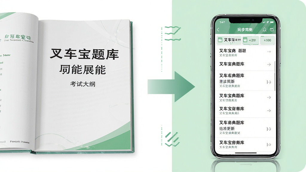 叉车宝典题库同步功能展示,画面左侧是一本翻开的考试大纲,右侧是手机屏幕显示同步更新的题库列表,中间用箭头连接表示数据同步,背景为白色和浅绿色搭配,风格简洁商务,排版左右对称,细节清晰,画质高清,干净无多余元素