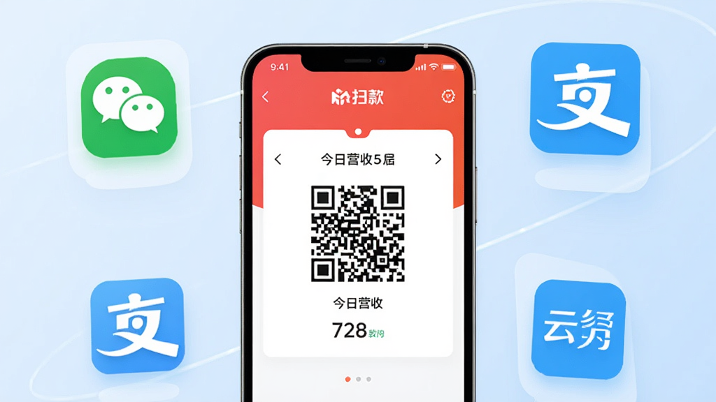 画面中央展示一部智能手机,手机屏幕上显示着扫呗APP的收款首页界面,界面中包含清晰的收款码和今日营收数据。手机周围环绕着微信支付、支付宝、云闪付等支付图标,背景是简洁的浅蓝色渐变。整体风格为现代科技感,细节包含干净的UI元素和柔和的光影,画质清晰明亮,无多余杂乱元素。