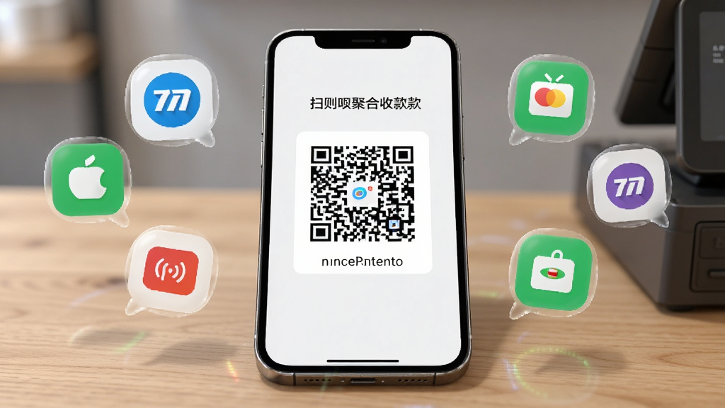 一部手机放置于木质收银台上,手机屏幕显示扫呗聚合收款码,周围有多个不同颜色的支付图标以悬浮气泡形式呈现。画面布局居中对称,风格简洁商务,细节突出收款码的清晰度和科技感,画质干净锐利,无多余元素。