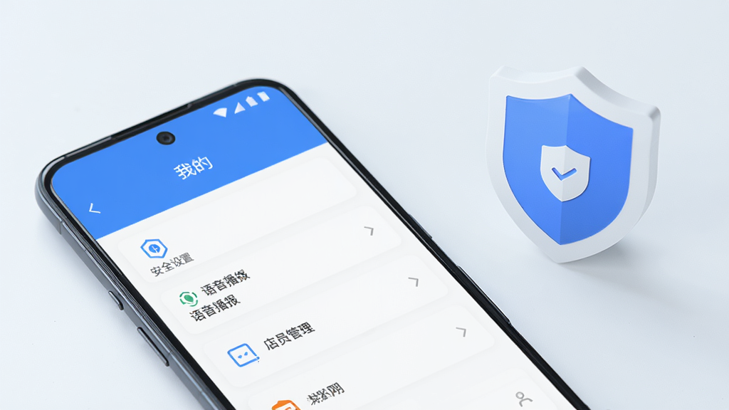 一部安卓手机屏幕显示扫呗App的“我的”页面,页面上有安全设置、语音播报、店员管理等选项。画面采用浅色背景,手机旁放置一个简约的盾牌图标象征安全防护。风格清新简洁,细节清晰,画质干净,无杂乱背景。