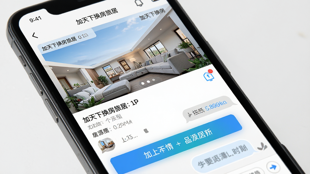 一张展示加天下换房旅居移动端操作界面的截图风格图,画面为手机屏幕特写,屏幕内显示APP的房源详情页与聊天窗口,页面布局清晰,按钮醒目,背景为浅色,风格写实,细节精致,画质干净,无多余元素