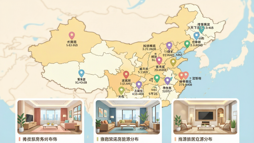 一幅展示加天下换房旅居房源分布地图的插画,画面以中国地图为底,地图上散布着多个彩色定位图标,每个图标旁标注城市名称与房源数量,地图下方排列着三张不同风格的房源卡片,整体布局清晰,风格扁平化,色彩柔和,细节精致,画质干净,无多余元素