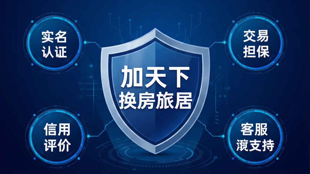一张表现加天下换房旅居安全认证体系的图示,画面中央是一个盾牌图标,盾牌内写有“加天下换房旅居”字样,盾牌周围环绕着“实名认证”“交易担保”“信用评价”“客服支持”四个圆形标签,背景为深蓝色渐变,风格科技感强,排版居中,细节清晰,画质干净,无多余元素