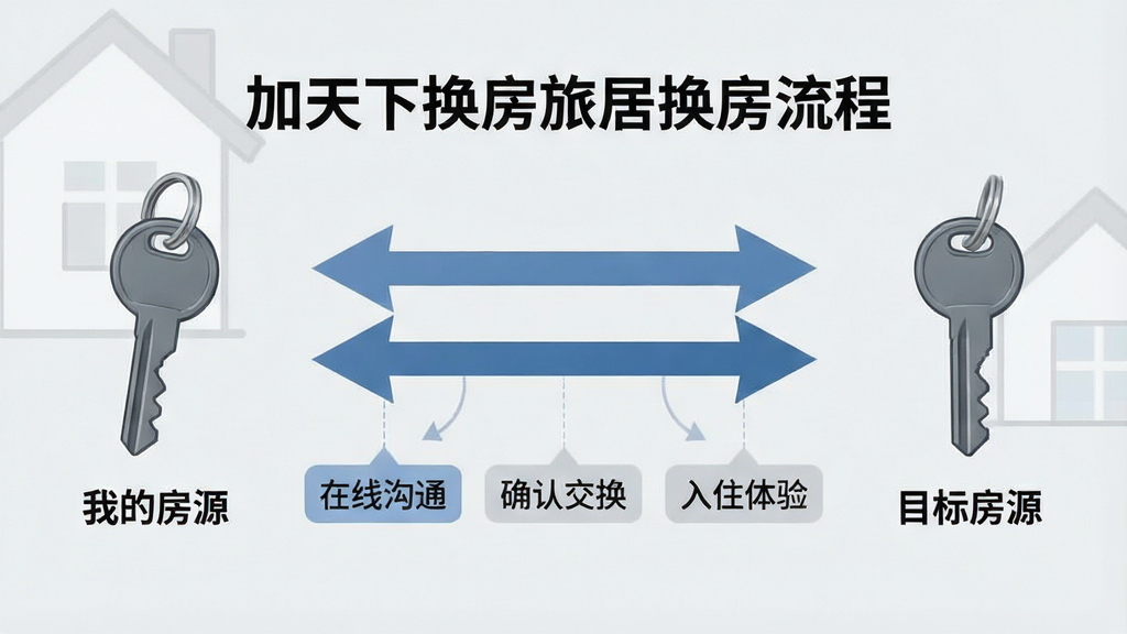 一张表现加天下换房旅居换房流程的示意图,画面左侧是一把钥匙对应“我的房源”,右侧是另一把钥匙对应“目标房源”,中间用双向箭头连接,箭头下方有“在线沟通”“确认交换”“入住体验”三个步骤标签,背景为淡灰色,风格简洁商务,排版横向展开,细节清晰,画质干净,无多余元素