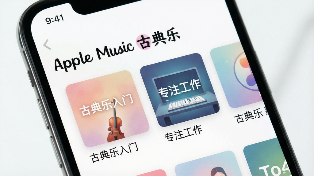һ���ֻ���Ļ��ͼ���ͼƬ����ʾ��Apple Music �ŵ��֡����Ƽ�ҳ�棬����������򻬶��ĸ赥��Ƭ����Ƭ���С��ŵ������š���רע�����������ֺͶ�Ӧ�ķ���ͼ������Ϊ�ֻ�������д���������������ϸ�ڰ�����ƬԲ�ǡ���������������ͼɫ����͡����ʸ��壬�ɾ����޶���Ԫ�ء�