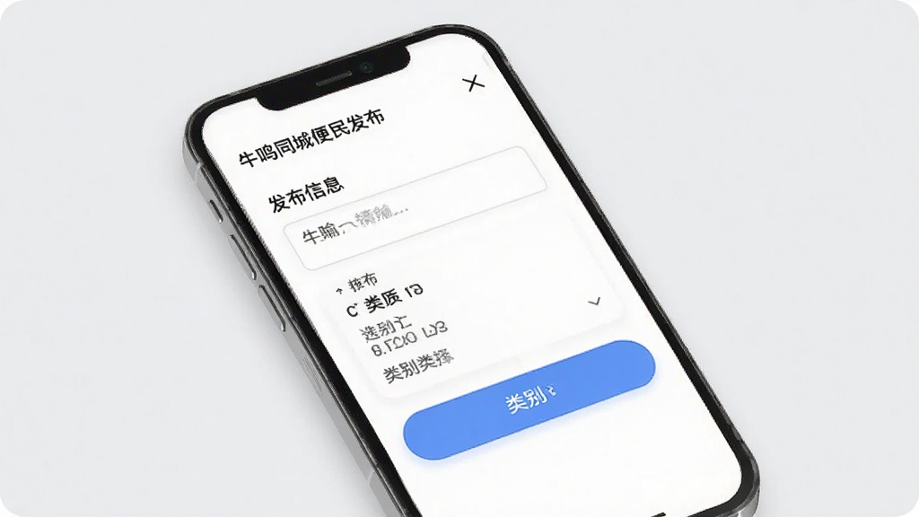 牛鸣同城便民发布功能界面图,画面展示手机屏幕中发布信息表单填写页面,包含文字输入框和类别选择按钮,背景为浅灰色,风格为现代简约UI设计,布局清晰,细节干净,无多余元素