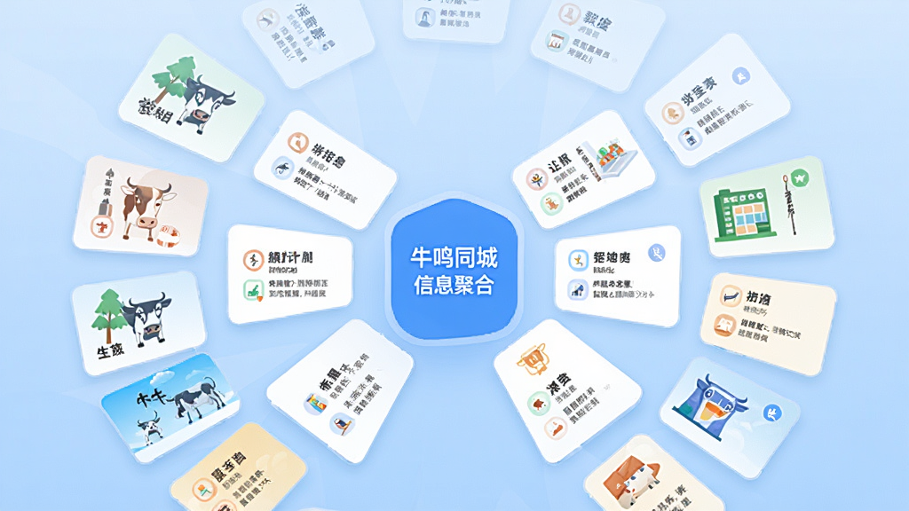 牛鸣同城信息聚合功能展示图,画面中多张信息卡片从中心向外发散排列,每张卡片代表不同生活服务类别,背景为浅蓝色渐变,风格为扁平化UI设计,排版整齐有序,细节精致,画质干净,无多余元素