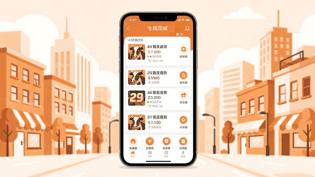 牛鸣同城应用主界面截图,画面中央展示手机屏幕,屏幕上呈现本地生活服务信息流,包含商家列表和分类图标,背景为城市街区扁平插画风格,色调以暖橙色与白色为主,布局居中对称,细节清晰,画质干净,无多余元素