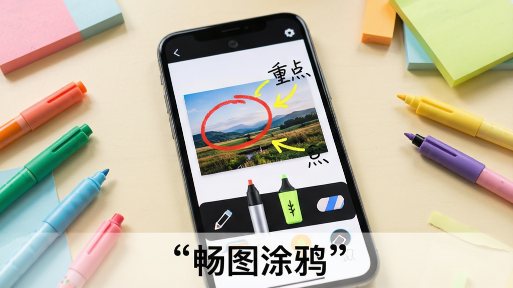 ��������һ���ֻ�չʾ��ͼ�Ļ���Ϳѻ���棬��Ļ��һ�ŷ羰��Ƭ�ϻ����˺�ɫԲȦ��ע���ɫ��ͷָʾ���Ա�����д����