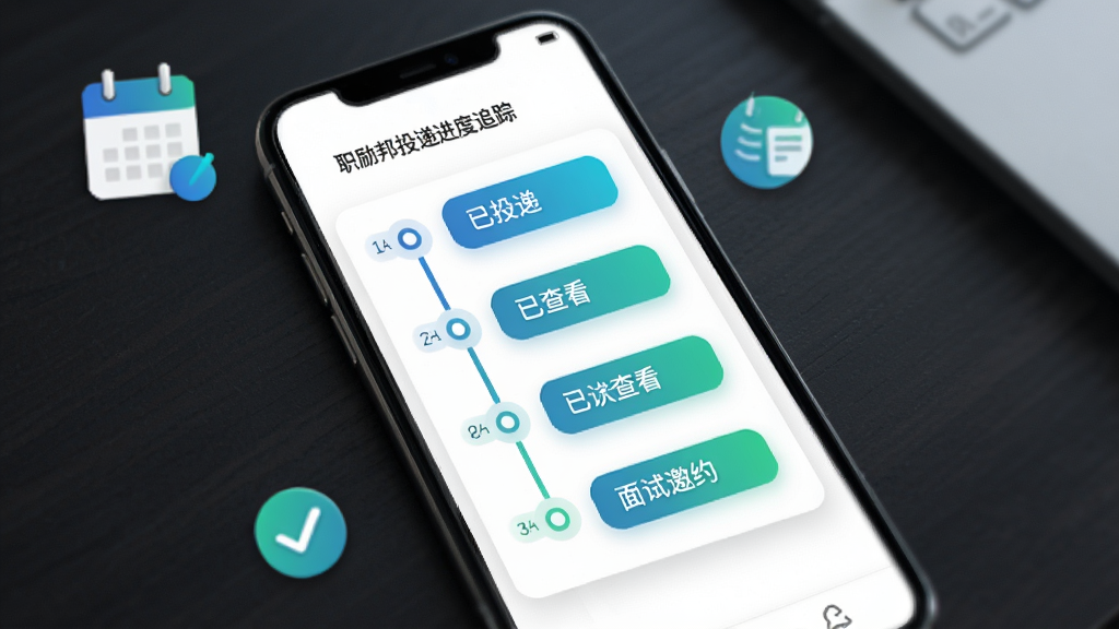 职励邦投递进度追踪页面展示,手机屏幕内呈现时间轴样式的进度列表,每个节点标注已投递、已查看、面试邀约等状态文字,配色以蓝绿渐变为主,背景为白色卡片式布局,周围点缀日历与对勾图标,风格清爽商务,画质细腻,无多余装饰