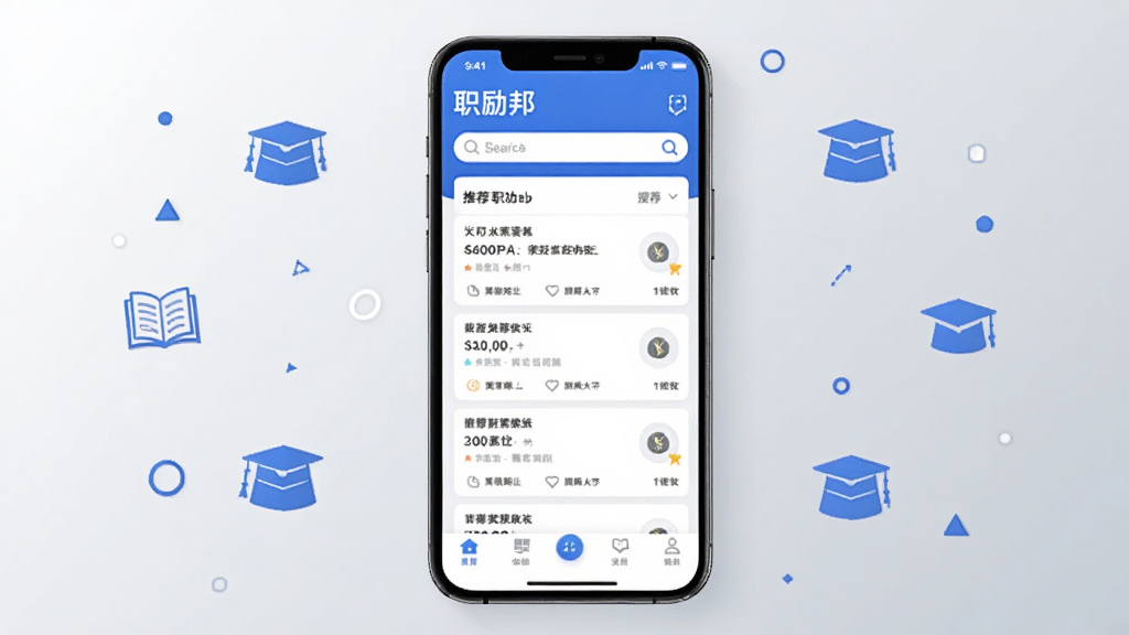 职励邦手机应用主界面全貌展示,画面中央放置一部竖屏智能手机,屏幕内呈现蓝色与白色为主色调的求职应用首页,包含搜索框、推荐职位卡片列表与底部导航栏,背景为浅灰色渐变,周围点缀简洁的几何图形与职业图标元素,整体风格现代商务、干净利落,画质清晰,无多余杂乱元素