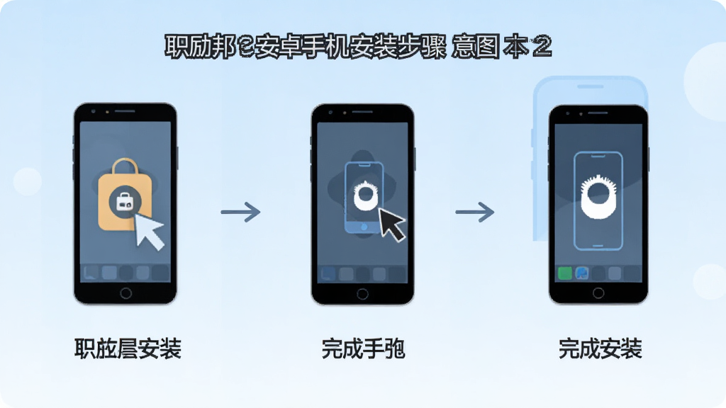 职励邦安卓手机安装步骤示意图,画面展示一部手机从点击安装包到完成安装的三步流程,每一步用简约图标与文字标注,背景为浅蓝色渐变,风格扁平化,线条干净,画质清晰,无多余装饰元素