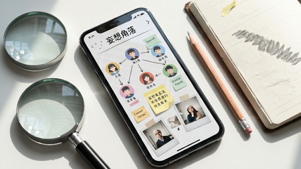 һ���ֻ���ʾ��������䡱�����ʼǽ��棬��Ļ�������������ϵͼ����ǩ����Ƭ��Ƭ���ֻ��Ա߷��ŷŴ󾵡�Ǧ�ʺ�һ�������ıʼǱ������幹ͼ����б�Ǹ��ӣ����Ϊ���½������˷磬ϸ�ڰ���ֽ��������Ǧ����Ӱ����Ļ���⣬�����������ɾ��޶���Ԫ��