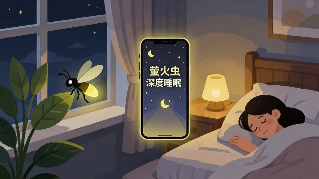 夜晚卧室场景,一只发光的萤火虫停在窗台绿植上,室内暖黄小夜灯,床上有人安睡,画面中央悬浮手机屏幕显示