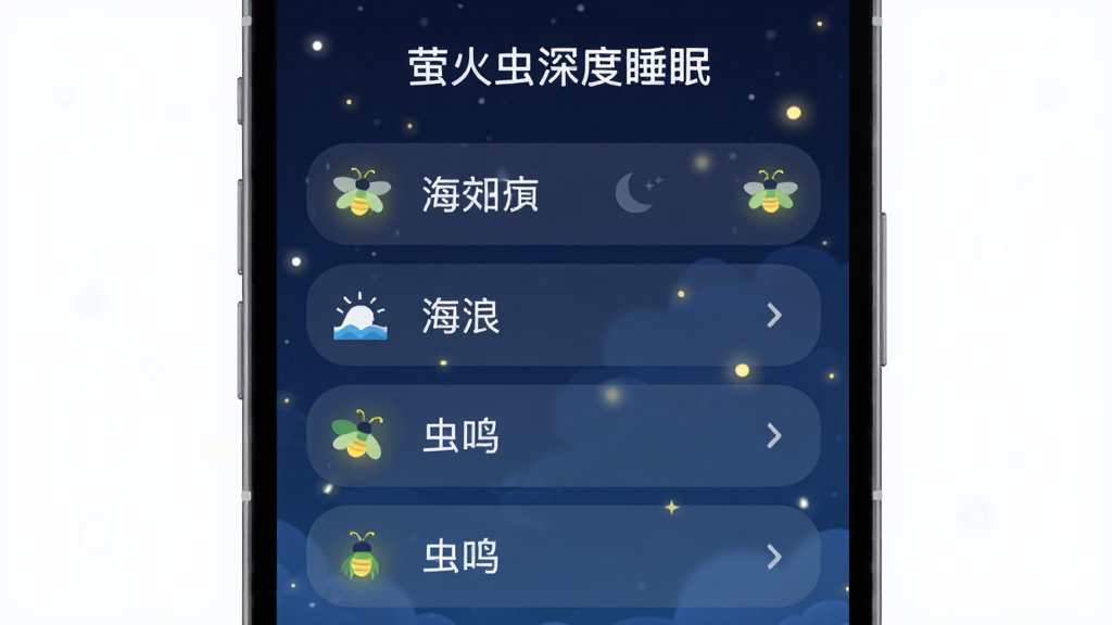 手机界面展示音效列表,萤火虫图标点缀在雨声、海浪、虫鸣等选项旁,背景为深蓝色夜空,柔光粒子飘散,界面简洁圆润,扁平化设计风格,文字清晰