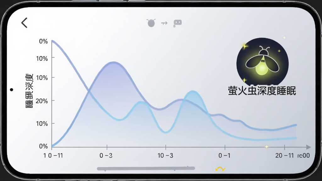 手机屏幕显示睡眠曲线图表,横轴为时间纵轴为睡眠深度,曲线柔和起伏,旁边有萤火虫图标和