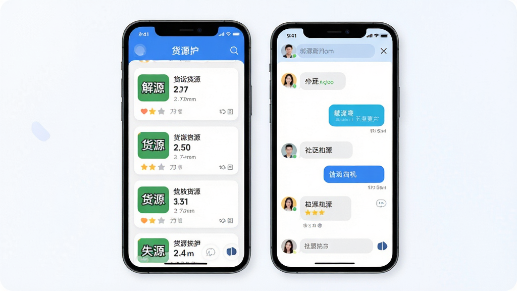 解放行司机版货源信息与社区互动界面,画面中央为手机屏幕展示货源列表与社区聊天窗口,主体突出,布局左右分栏,排版活泼,风格为现代社交风,细节包括货源卡片、聊天气泡、用户头像,画质高清,干净,无多余元素