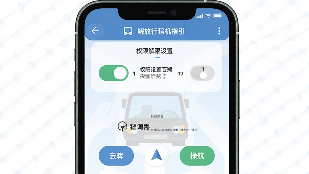 解放行司机版新手操作指引示意图,画面中央为手机屏幕展示权限设置与导航操作步骤,主体突出,布局上下排列,排版清晰,风格为扁平化教程风,细节包括权限开关图标、导航按钮、提示文字,画质高清,干净,无多余元素