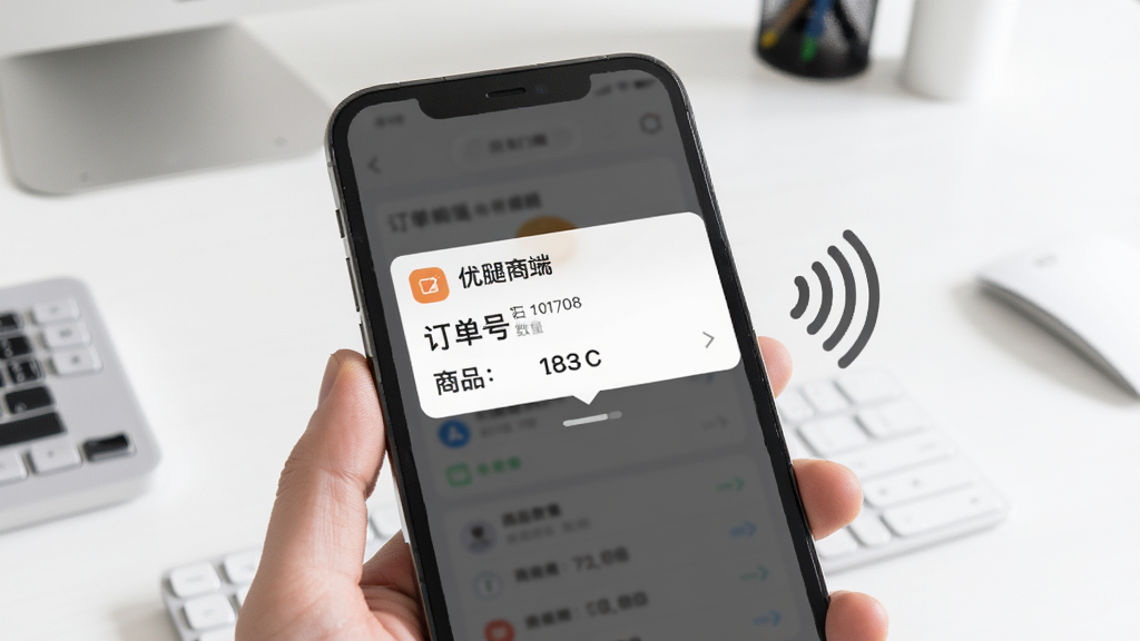 优腿商家端订单提醒功能展示,画面中一部手机屏幕弹出新订单通知卡片,卡片上写有订单编号和商品数量,手机旁有一个声波图标表示语音播报,背景为白色工作台面,风格写实简洁,画质干净,无多余元素