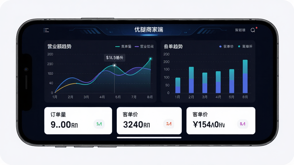 优腿商家端数据看板界面,手机横屏展示折线图和柱状图,图表标题写有营业额趋势,屏幕下方有订单量和客单价数字卡片,背景为深色科技感界面,风格现代简约,画质清晰,无多余元素