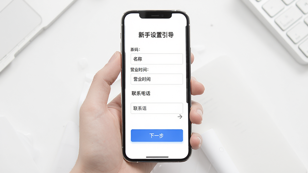 优腿商家端新手设置引导页面,手机屏幕展示店铺信息填写表单,包含店铺名称、营业时间和联系电话输入框,下方有下一步按钮,背景为白色,风格简洁明快,画质干净,无多余元素