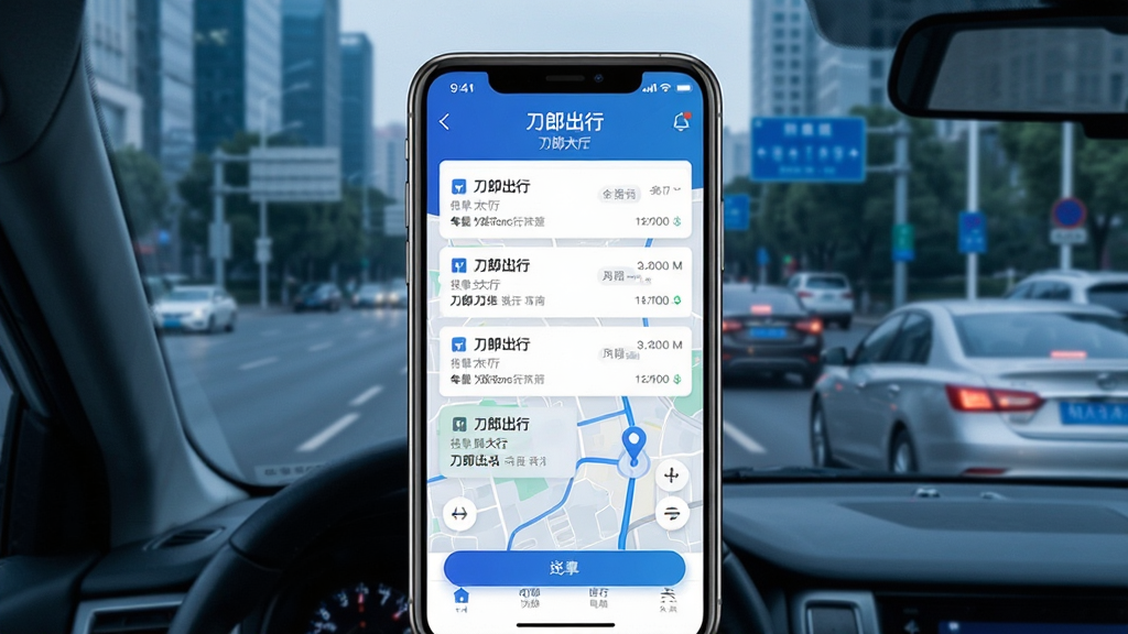 一张展示刀郎出行司机端手机应用界面的宣传图,画面中央是一部智能手机,屏幕上显示着刀郎出行司机端的接单大厅界面,有订单列表和地图导航元素。背景是城市道路和行驶的汽车,整体布局简洁明了。风格为现代科技感,色彩以蓝色和白色为主,细节包括手机边框、界面图标和文字按钮。画质清晰,干净,无多余元素。