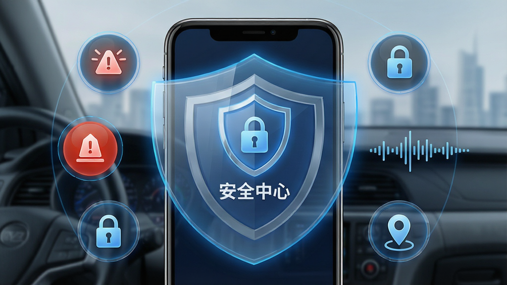 一张体现刀郎出行司机端安全功能的宣传图,画面中手机屏幕显示着盾牌图标和“安全中心”字样,周围有报警按钮、录音波形和定位图标环绕。布局为盾牌居中,功能图标环绕。排版稳重。风格为安全科技风,细节包括防护罩效果、蓝色光晕和锁形图标。画质清晰,干净,无多余元素。