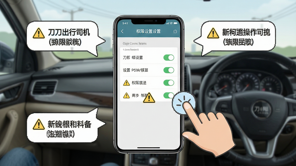 一张刀郎出行司机端新手操作指引的示意图,画面中手机屏幕显示着权限设置列表,旁边有手指点击的图标,背景是车内场景。布局为手机居中,周围有提示气泡。排版清晰。风格为教程图解风,细节包括权限开关、警示标志和方向盘。画质清晰,干净,无多余元素。