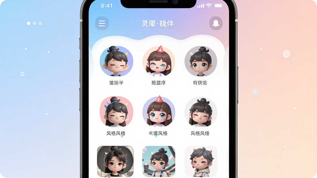 ��Ϭ����App����չʾ���Ի�����ҳ�棬��Ļ���ж��ֽ�ɫͷ��ͷ��ѡ�����Ϊ�ֻ���Ļ��д�����־��У��Ű����������Ϊ��ƽ��UI��Ʒ磬ϸ�ڰ�����͵Ľ���ɫ����������ͼ�ꡢ��ɫͷ��Ŀɰ����飬���ʸ��壬�ɾ����޶���Ԫ��