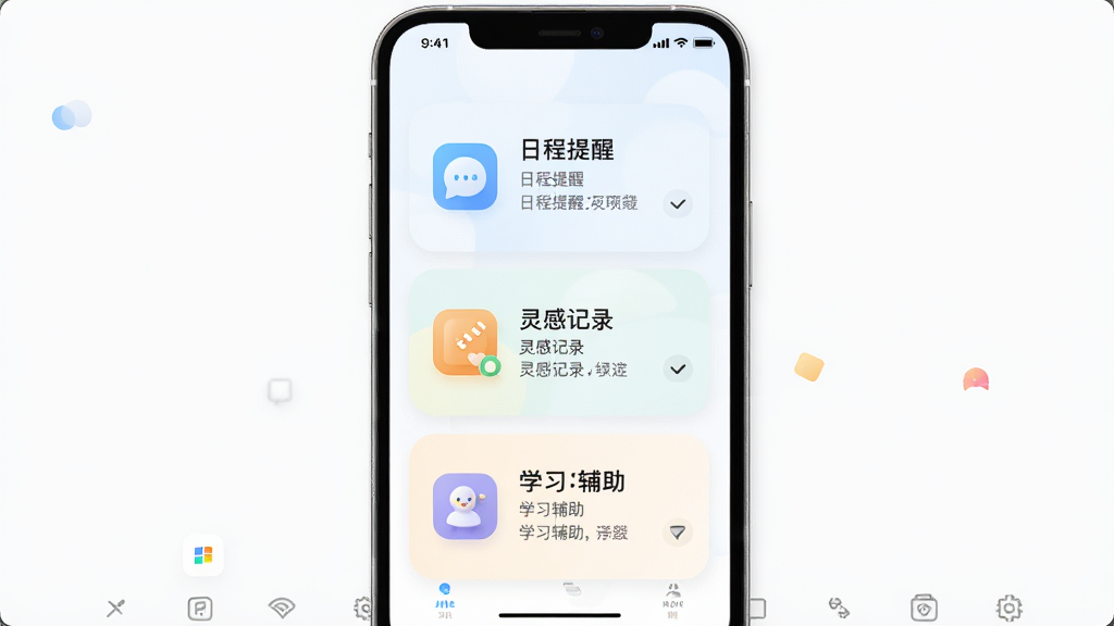 ��Ϭ����App���ܽ����ͼ��չʾ�ճ����ѡ���м�¼��ѧϰ�����������ܿ�Ƭ������Ϊ�ֻ���Ļ����������Ƭ�������У��Ű����룬���Ϊ�ִ���Լ�磬ϸ�ڰ���������ͼ�ꡢ��͵���ɫ����ƬԲ����ƣ����ʸ��壬�ɾ����޶���Ԫ��