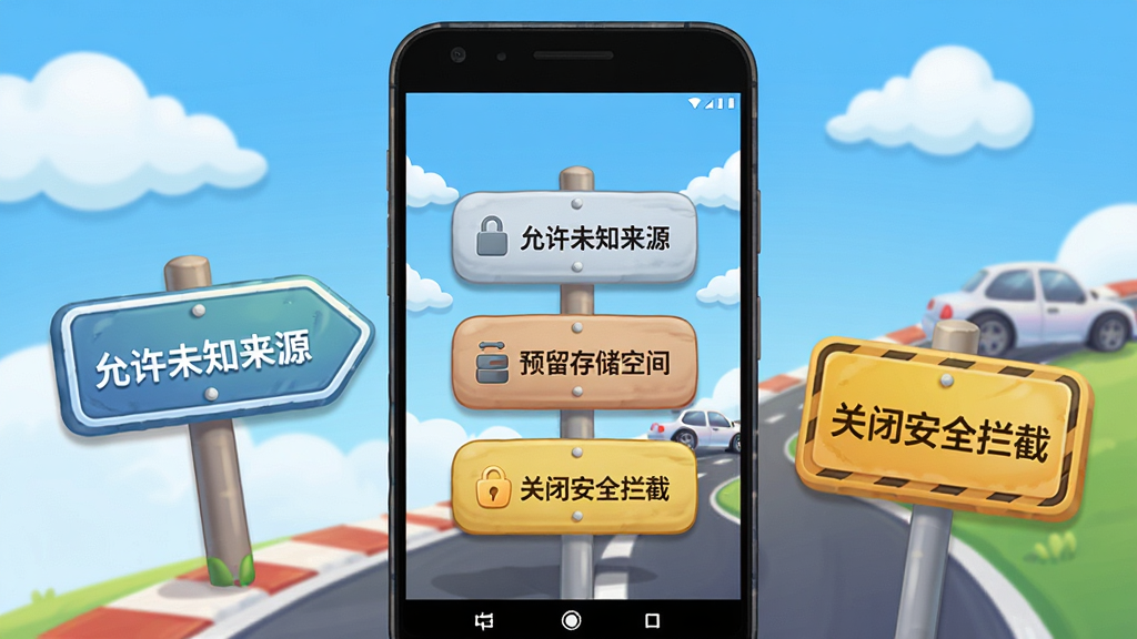 一部安卓手机展示Balkan Drive Zone安装器的新手引导页面,画面中有卡通风格的路标和警示牌,牌子上写着“允许未知来源”“预留存储空间”“关闭安全拦截”等提示文字,背景为蓝天白云与赛道元素,风格为轻松活泼的插画风,细节包含圆润的图标和柔和的阴影,画质清晰,干净,无多余元素