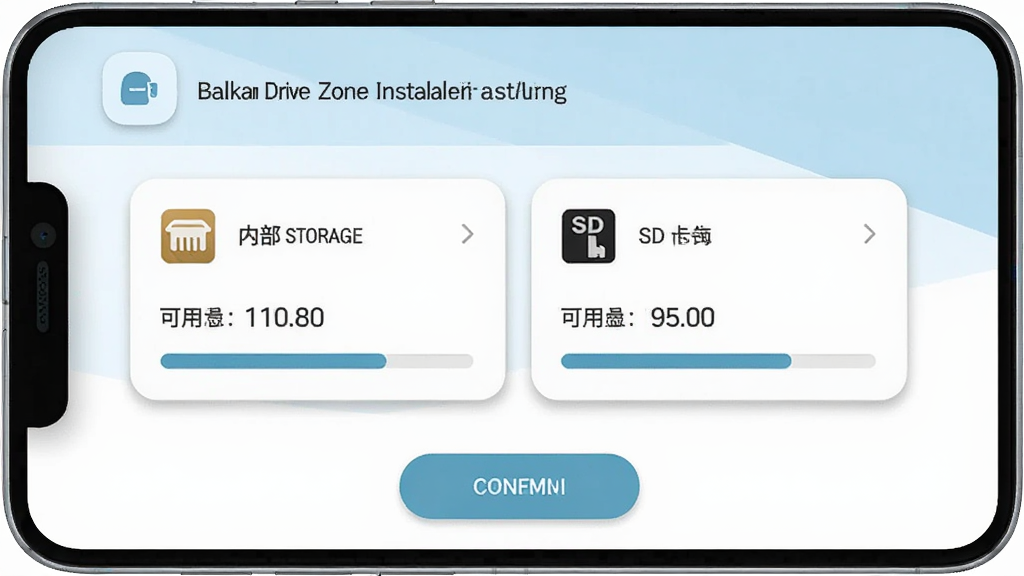 一部安卓手机展示Balkan Drive Zone安装器的存储路径选择界面,画面中有内部存储和SD卡两个选项卡片,每个卡片显示可用空间数值和进度条,底部有确认按钮,背景为白色与淡蓝色搭配,风格为清新简约的移动端界面设计,细节包含圆角图标和阴影效果,画质清晰,干净,无多余元素