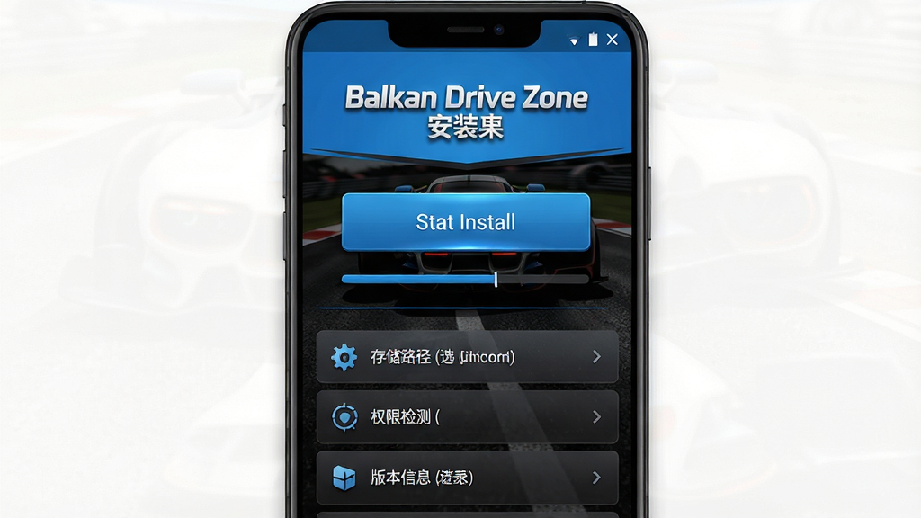 一张展示Balkan Drive Zone安装器软件界面的手机预览图,主体为一部竖屏安卓手机,屏幕中央显示蓝黑配色的安装器主界面,界面顶部有Balkan Drive Zone安装器文字标识,中间是醒目的开始安装按钮与进度条,下方列出存储路径选择、权限检测、版本信息等选项,背景为深色赛车主题纹理,布局简洁清晰,风格为现代科技感UI设计,细节包含图标阴影与高光反射,画质高清,干净,无多余元素