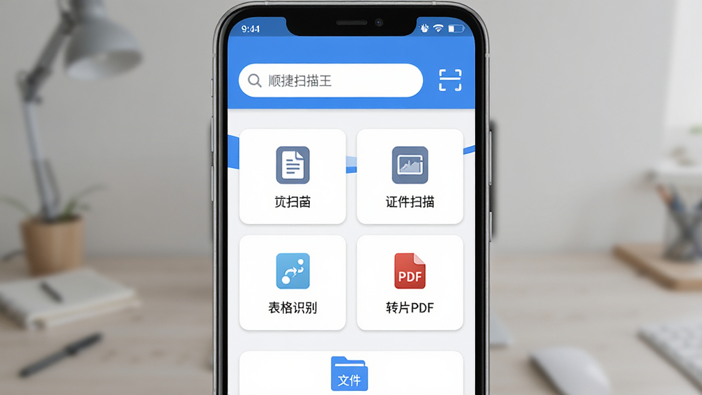 顺捷扫描王软件主界面展示,画面中央是一部安卓手机,手机屏幕显示扫描王应用首页,界面干净整洁,顶部有搜索栏和扫描按钮,中部排列文档扫描、证件扫描、表格识别、图片转PDF四个功能图标,底部为文件管理入口,整体布局采用卡片式设计,配色以蓝白为主,风格清爽简约,细节清晰,画质高清,干净无多余元素