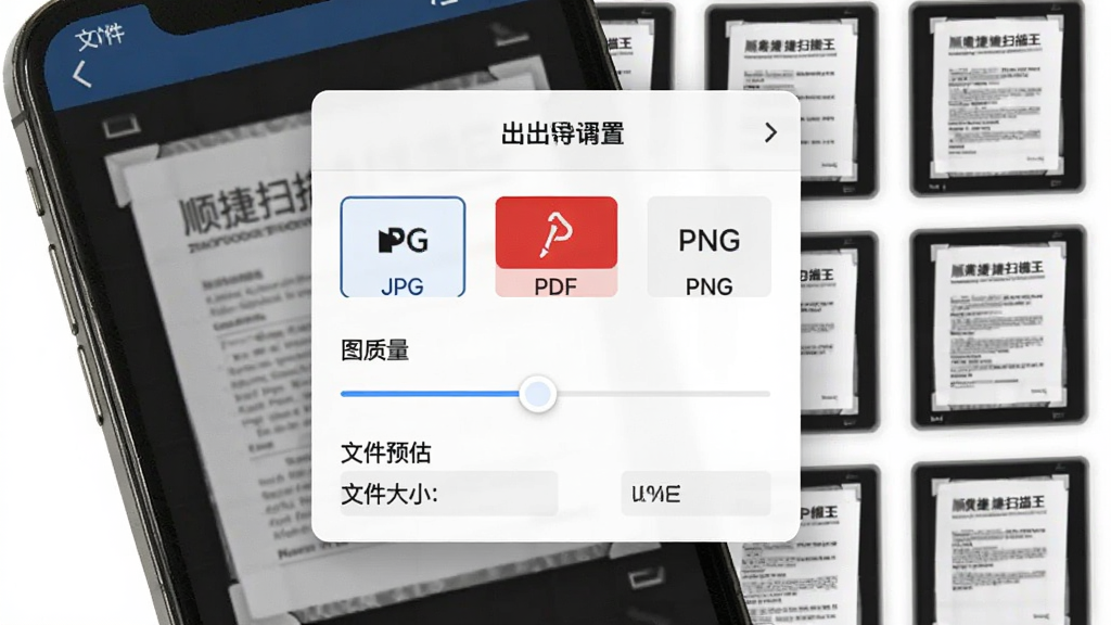 顺捷扫描王文件导出与格式选择界面,画面展示手机屏幕,屏幕上弹出导出设置面板,面板中包含JPG、PDF、PNG格式选项,下方有图片质量滑动条和文件大小预估显示,背景为扫描完成的文档缩略图列表,整体风格简洁商务,排版紧凑,细节清晰,画质高清,干净无多余元素