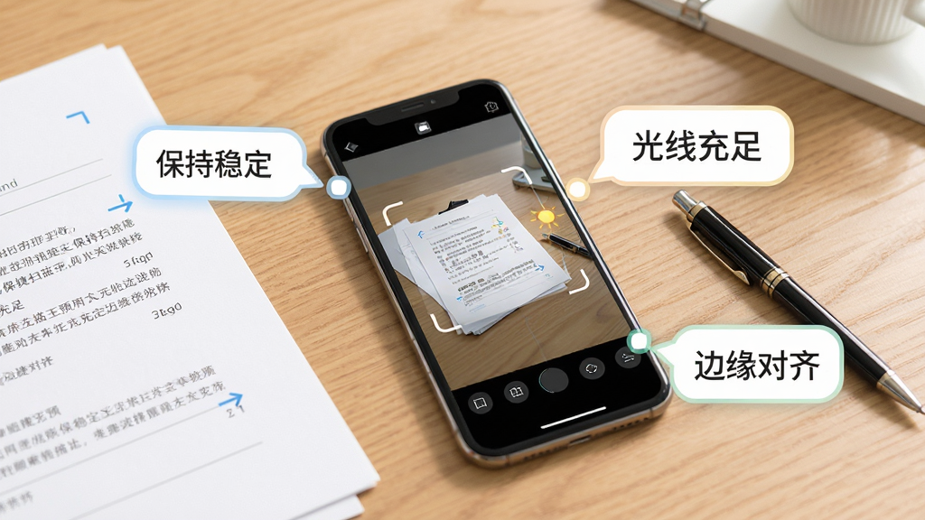 顺捷扫描王使用技巧示意图,画面展示一部手机放在桌面上,手机屏幕显示扫描预览界面,旁边有纸张文档和一支笔,画面中有几个标注气泡分别写着“保持稳定”“光线充足”“边缘对齐”,整体风格清新明亮,排版简洁,细节清晰,画质高清,干净无多余元素